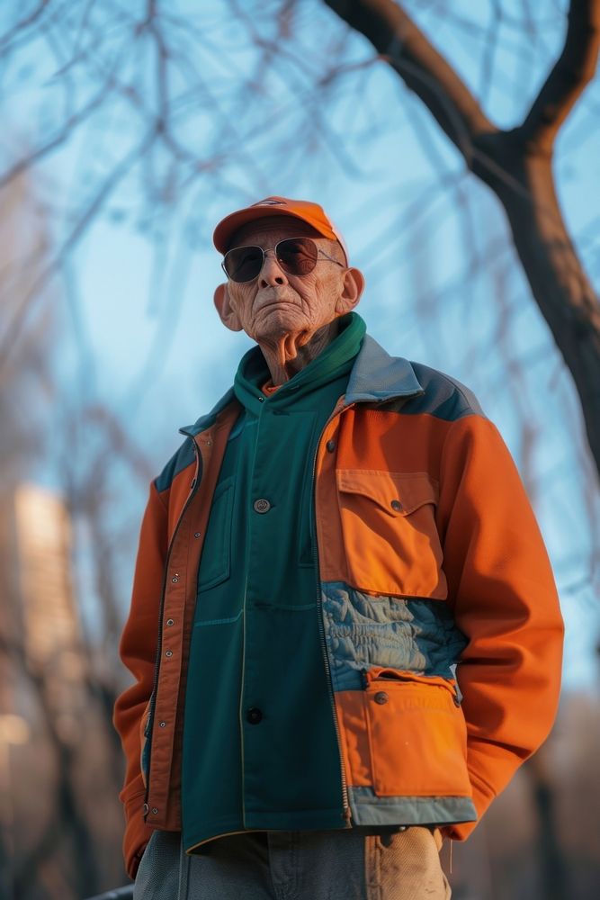 Old man wearing streetwear clothes jacket adult coat.