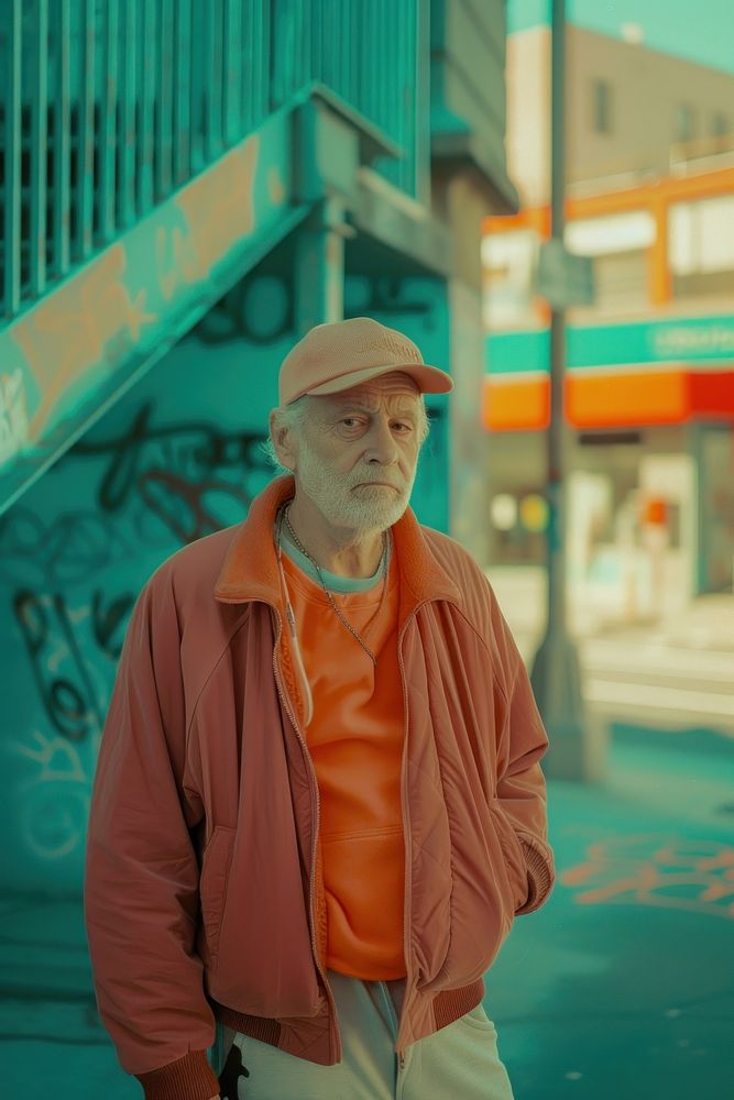 Old man wearing streetwear clothes portrait jacket adult.
