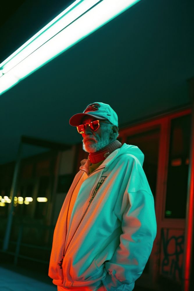 Old man wearing white streetwear clothes portrait adult night.