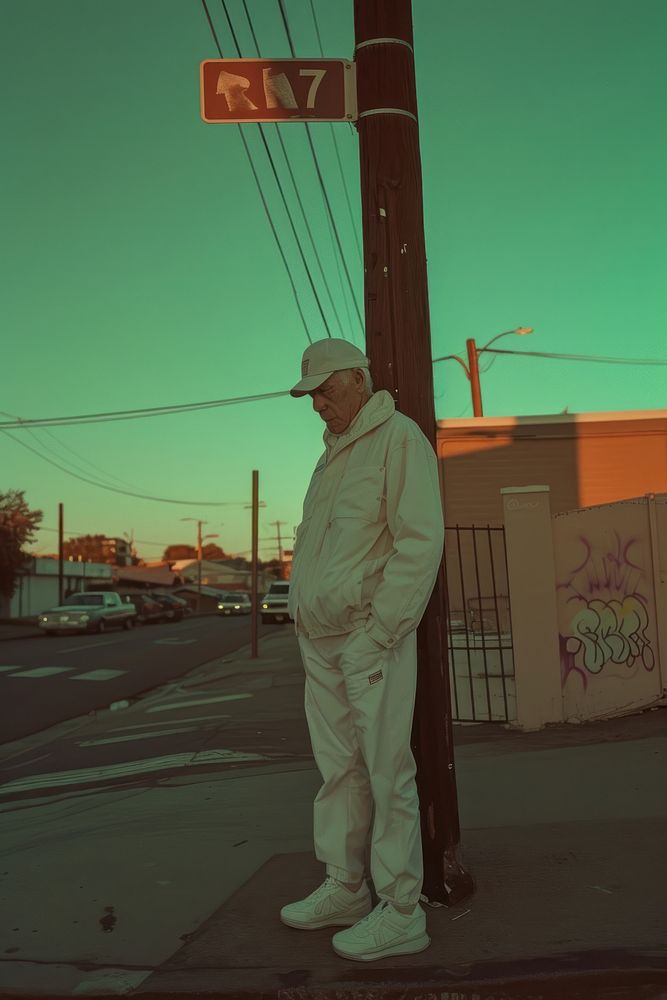 Old man wearing white streetwear clothes portrait standing adult.