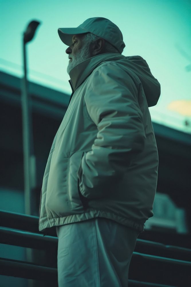 Old man wearing white streetwear clothes jacket adult photo.
