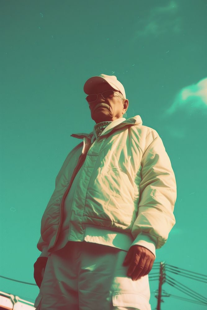 Old man wearing white streetwear clothes portrait outdoors jacket.