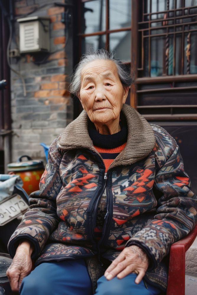 Old chinese woman wearing streetwear clothes architecture clapperboard relaxation.