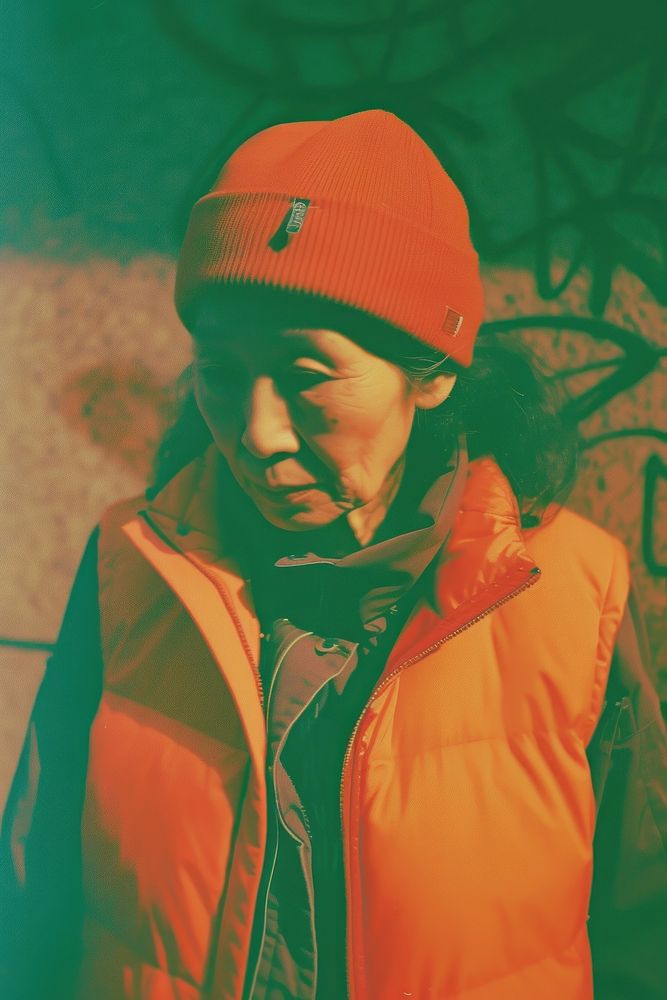 Old chinese woman wearing streetwear clothes portrait jacket photo.