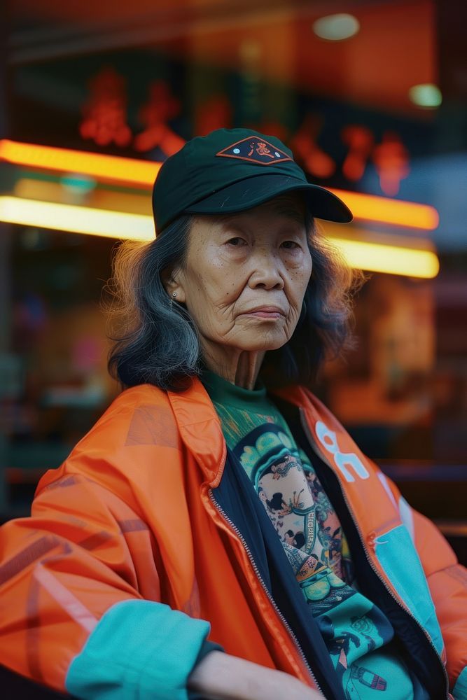 Old chinese woman wearing streetwear clothes portrait adult photo.