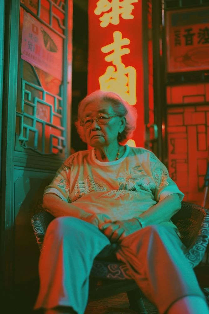 Old chinese woman wearing streetwear clothes portrait sitting adult.