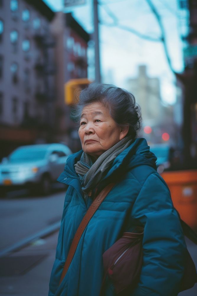 Old woman wearing blue streetwear clothes adult transportation contemplation.
