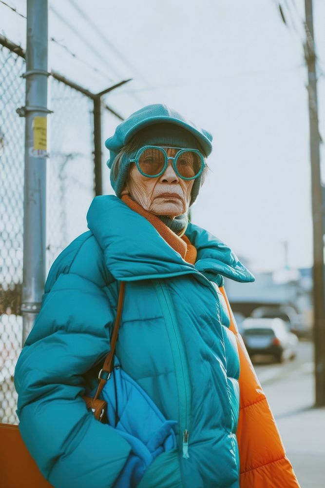 Old woman wearing blue streetwear clothes jacket adult architecture.