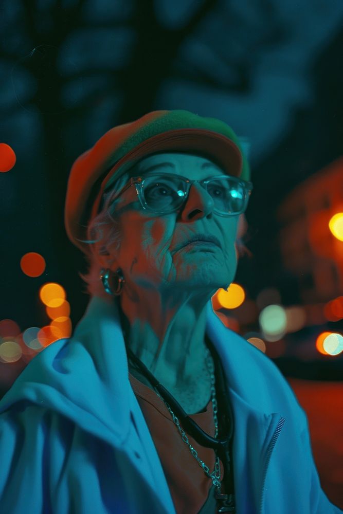 Old woman wearing blue streetwear clothes portrait glasses adult.