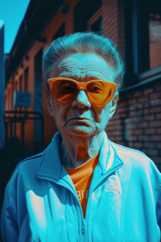 Old woman wearing blue streetwear clothes portrait adult photo.