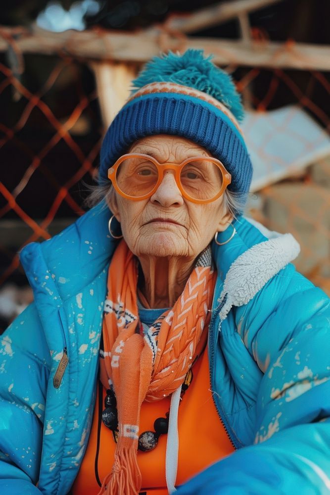Old woman wearing blue streetwear clothes adult relaxation retirement.