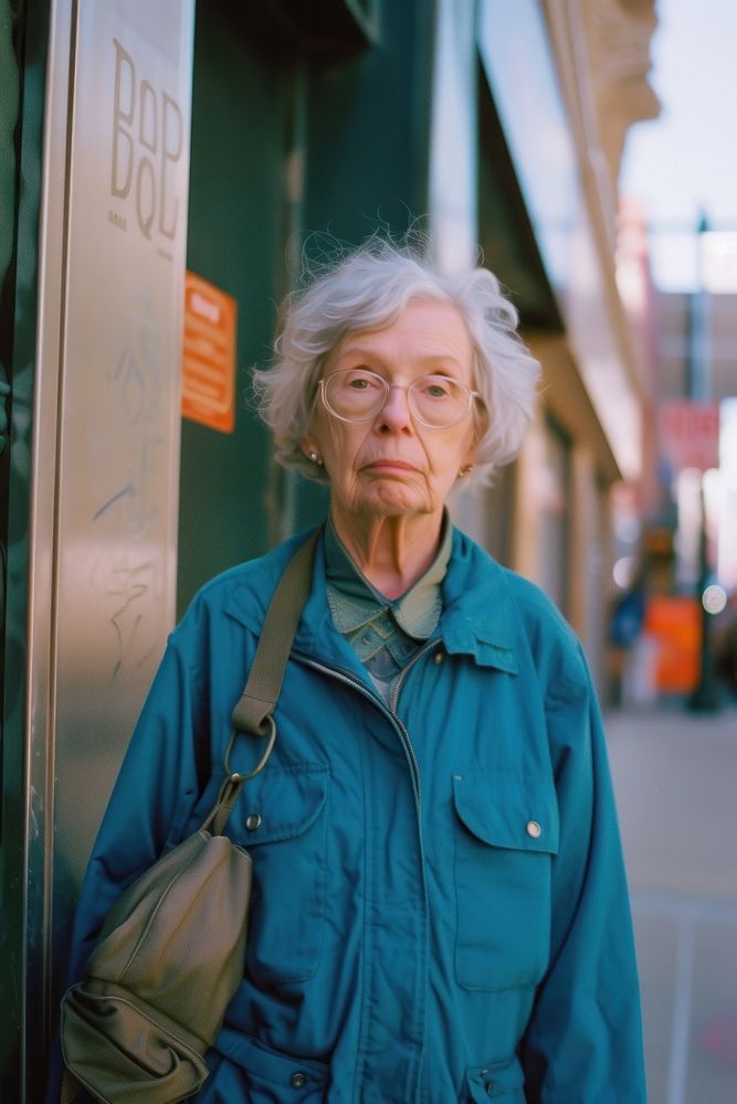 Old woman wearing blue streetwear clothes adult architecture accessories.