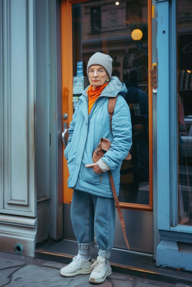 Old woman wearing blue streetwear clothes footwear adult coat.