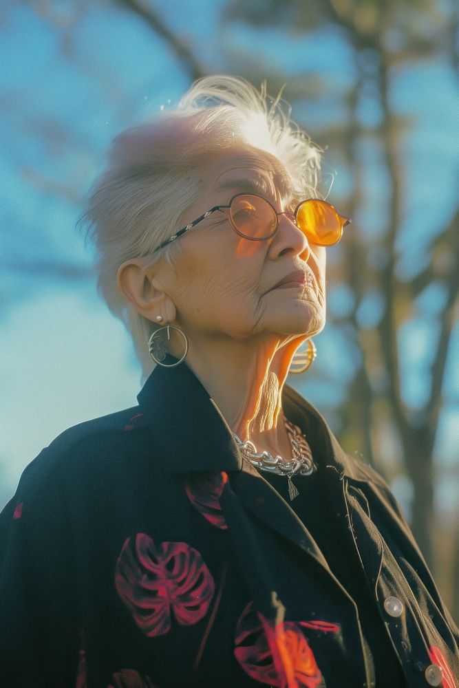 A old woman wearing black streetwear clothes portrait glasses adult.