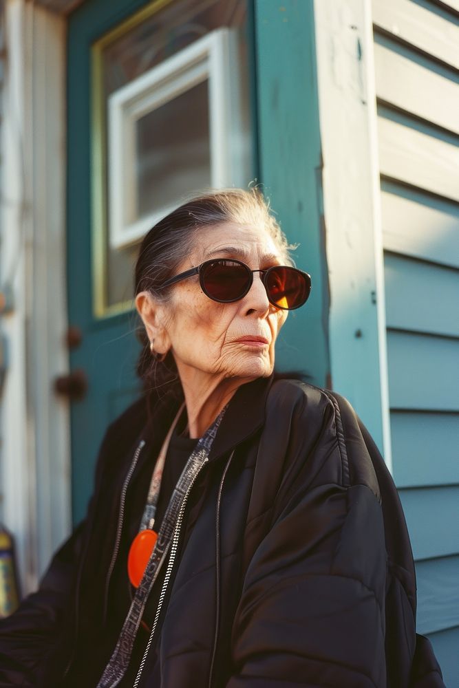 A old woman wearing black streetwear clothes sunglasses portrait jacket.