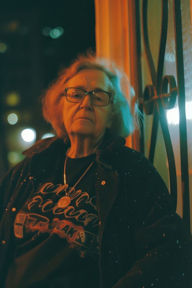 A old woman wearing black streetwear clothes portrait glasses photo.