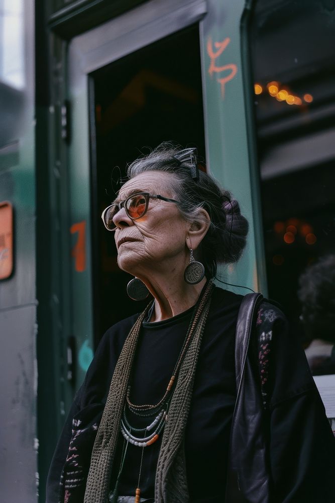 A old woman wearing black streetwear clothes glasses adult contemplation.