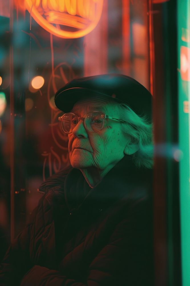 A old woman wearing black streetwear clothes portrait glasses light.