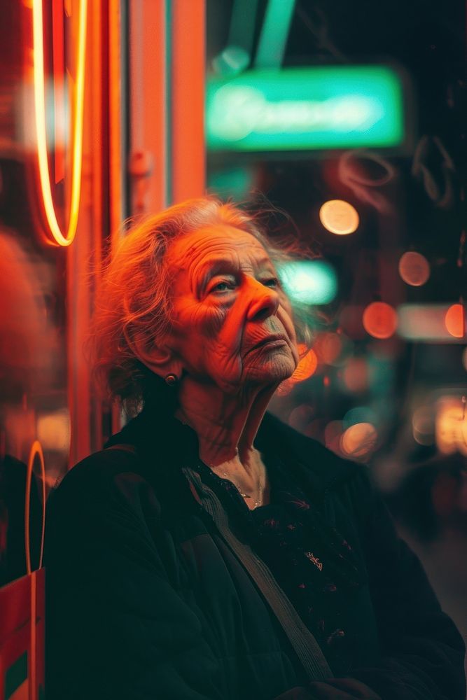 A old woman wearing black streetwear clothes portrait adult photo.