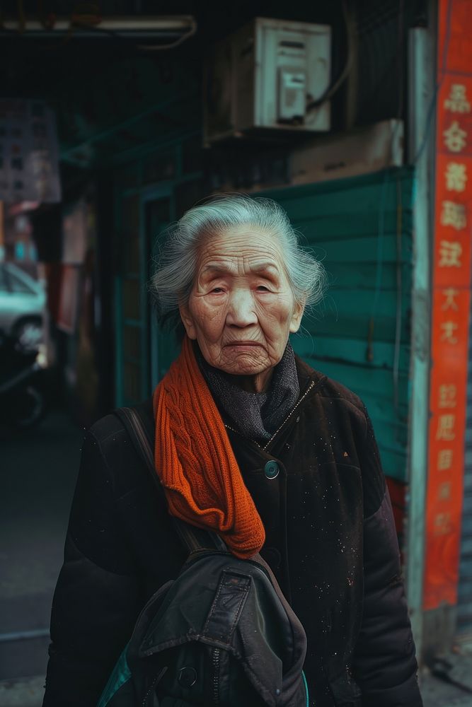 A old woman wearing black streetwear clothes infrastructure transportation architecture.