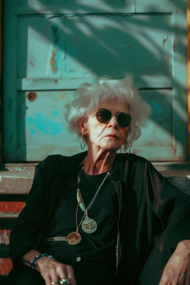 A old woman wearing black streetwear clothes necklace glasses architecture.