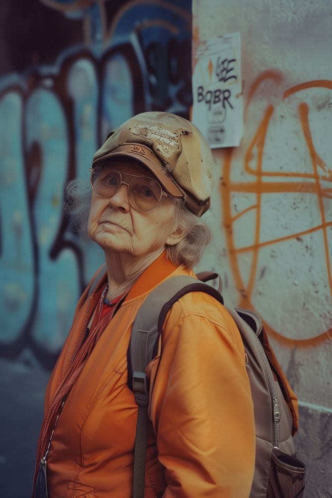 Old woman wearing metalic streetwear clothes portrait photo architecture.