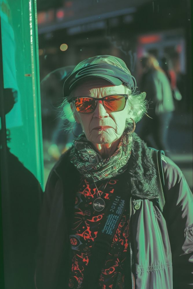 Old woman wearing metalic streetwear clothes sunglasses portrait jacket.