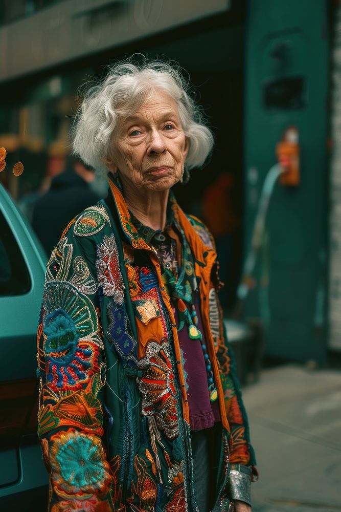 Old woman wearing metalic streetwear clothes adult architecture retirement.