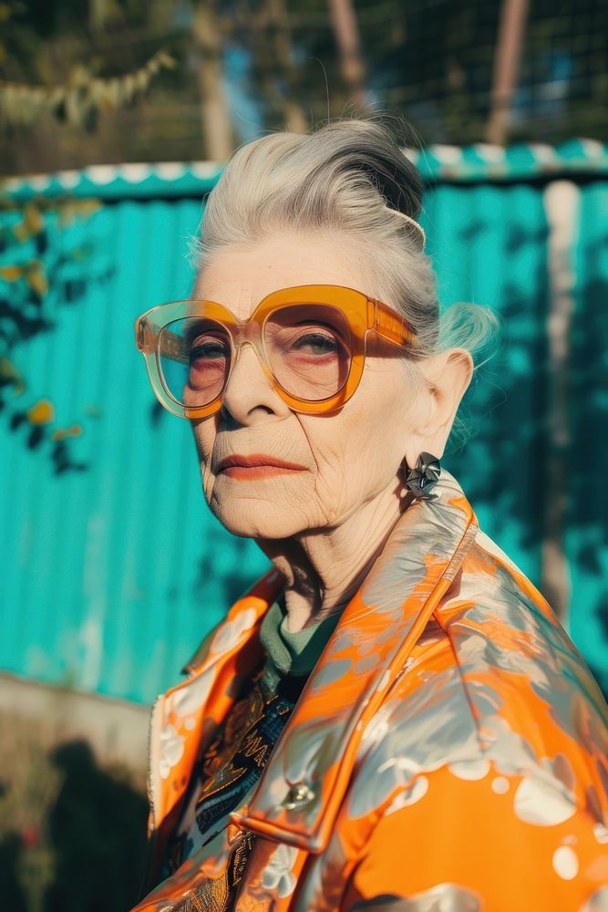 Old woman wearing metalic streetwear clothes portrait glasses adult.