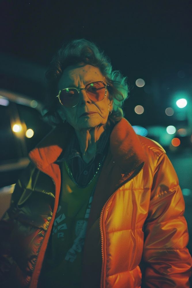 Old woman wearing metalic streetwear clothes portrait glasses jacket.