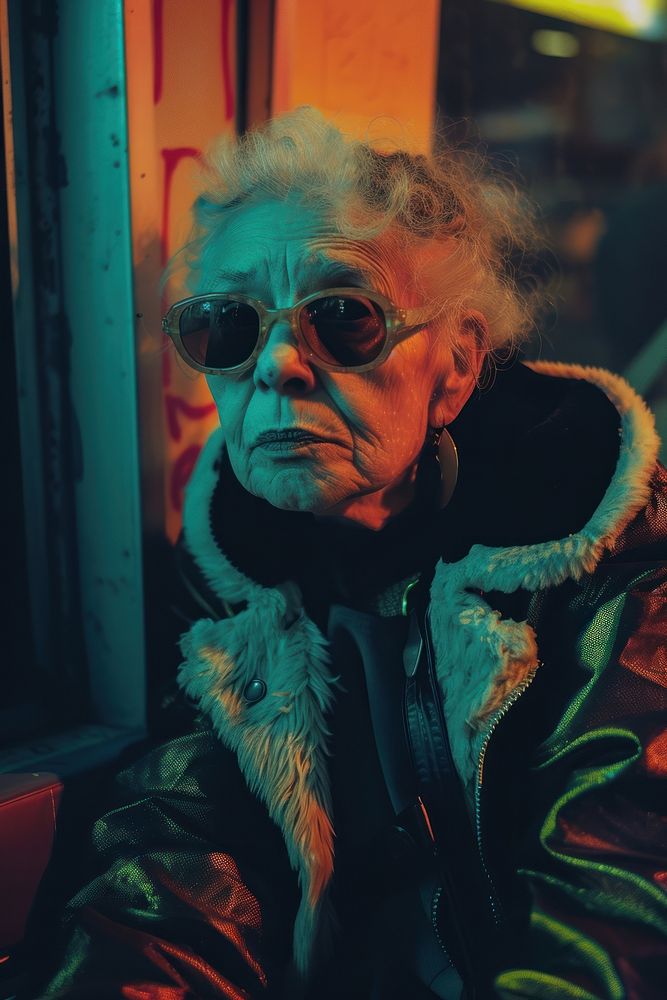 Old woman wearing metalic streetwear clothes portrait glasses adult.