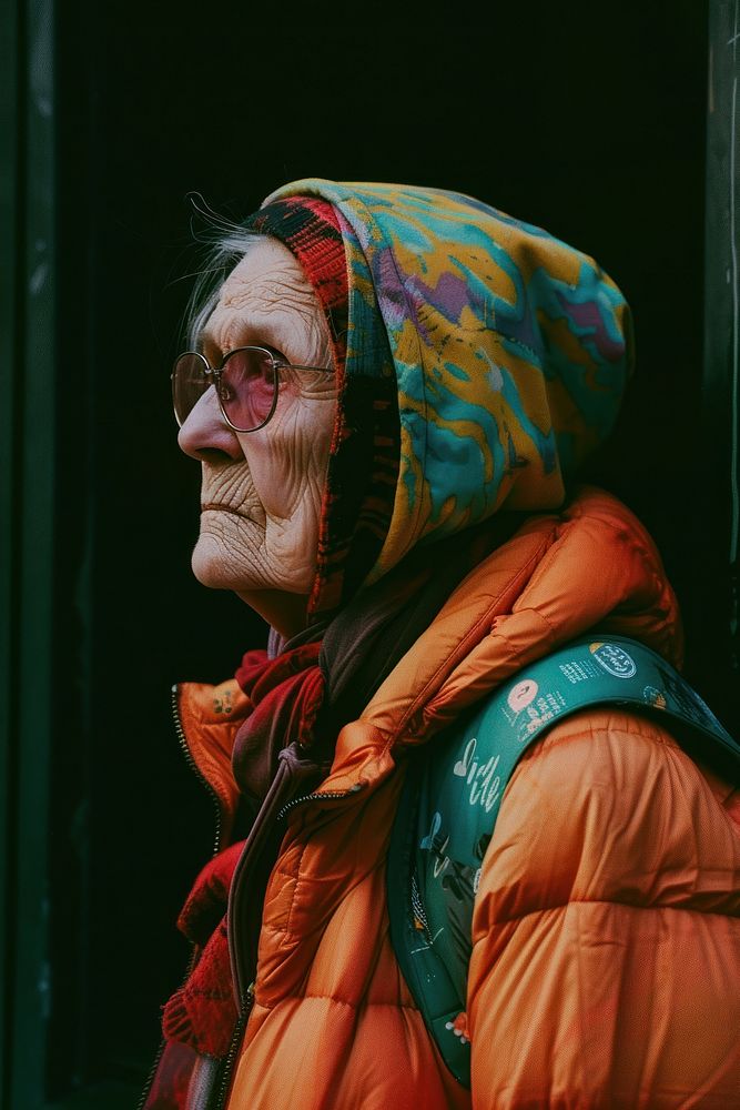 A old woman wearing streetwear clothes adult architecture accessories.
