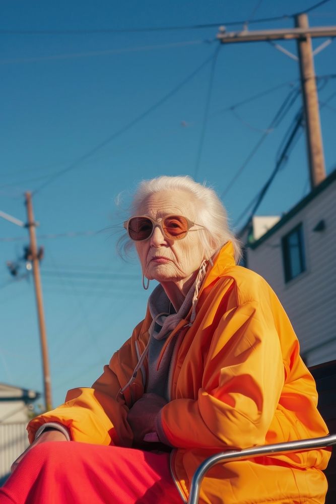 A old woman wearing streetwear clothes glasses sitting adult.