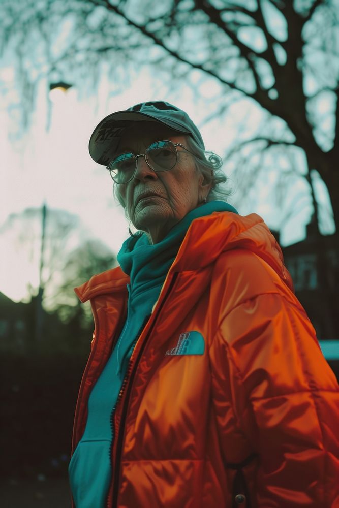 A old woman wearing streetwear clothes portrait jacket adult.
