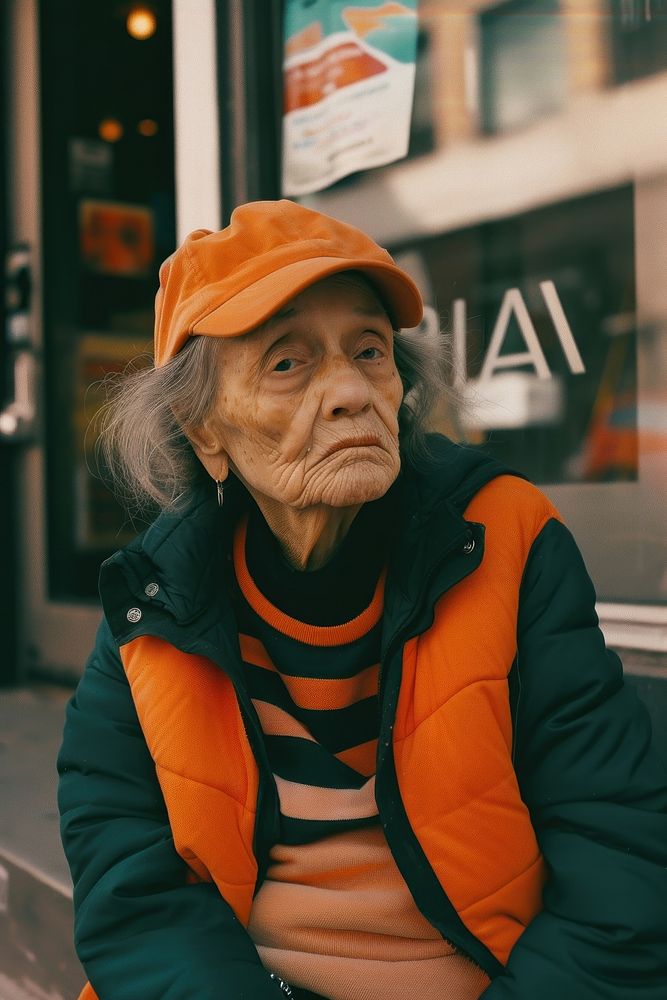 A old woman wearing streetwear clothes adult contemplation architecture.