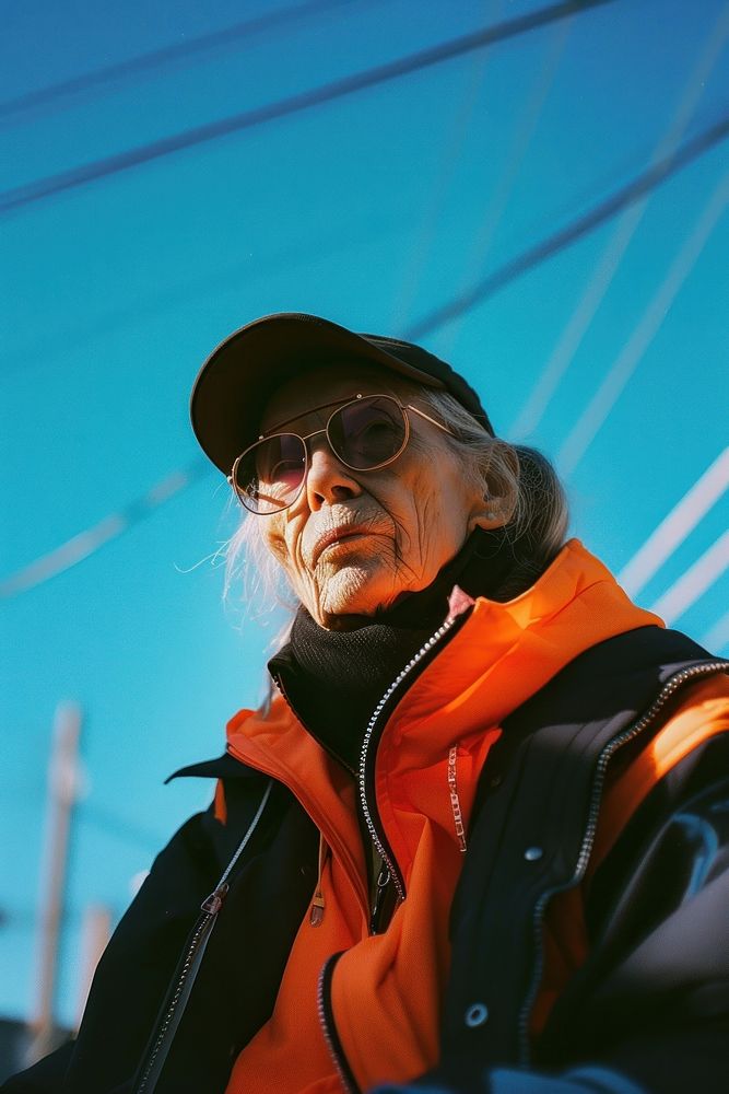A old woman wearing streetwear clothes adult architecture sunglasses.