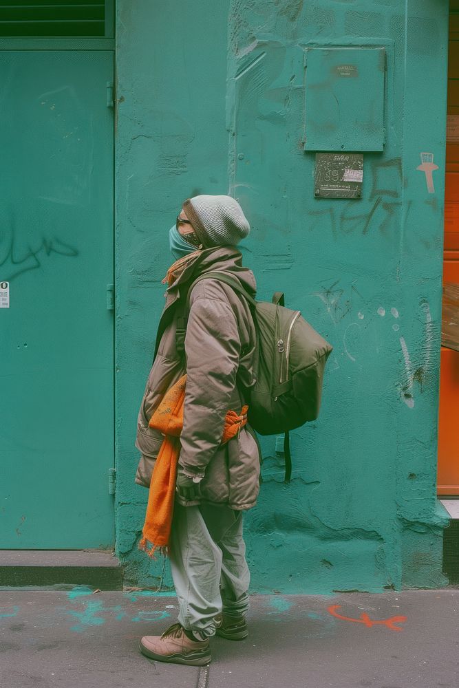 A old woman wearing streetwear clothes backpack footwear homelessness.