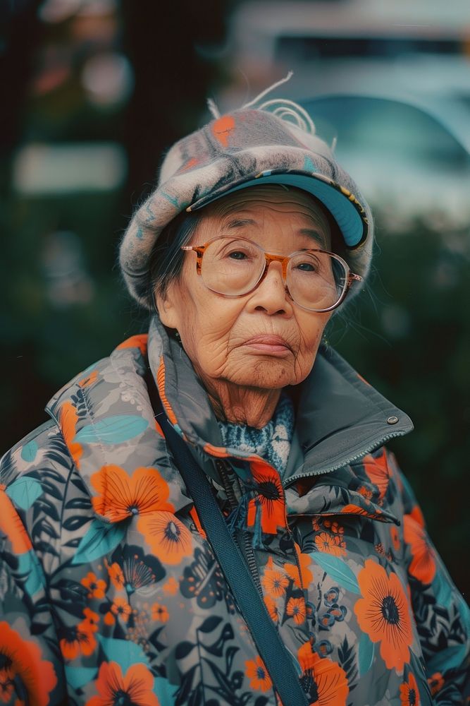 A old woman wearing streetwear clothes adult architecture retirement.