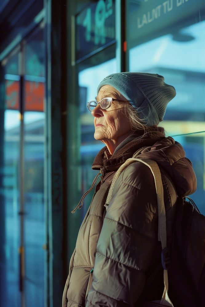 A old woman wearing streetwear clothes glasses jacket adult.