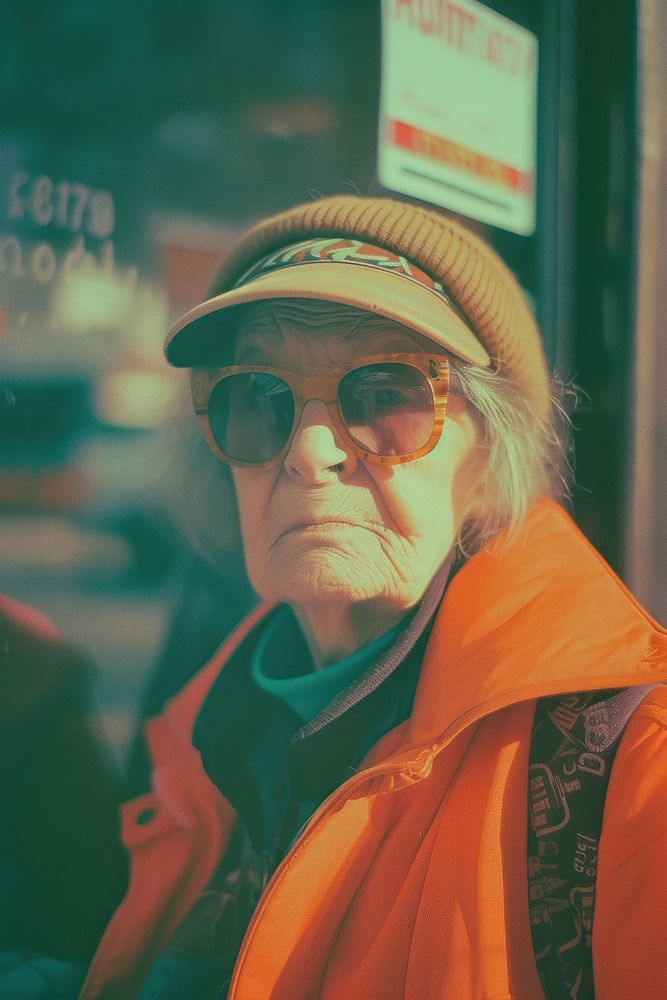 Old woman wearing streetwear clothes portrait glasses adult.