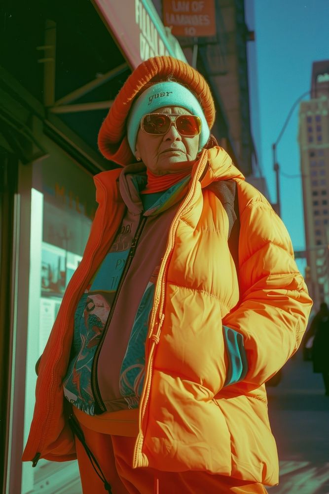 A old woman wearing streetwear clothes portrait jacket adult.
