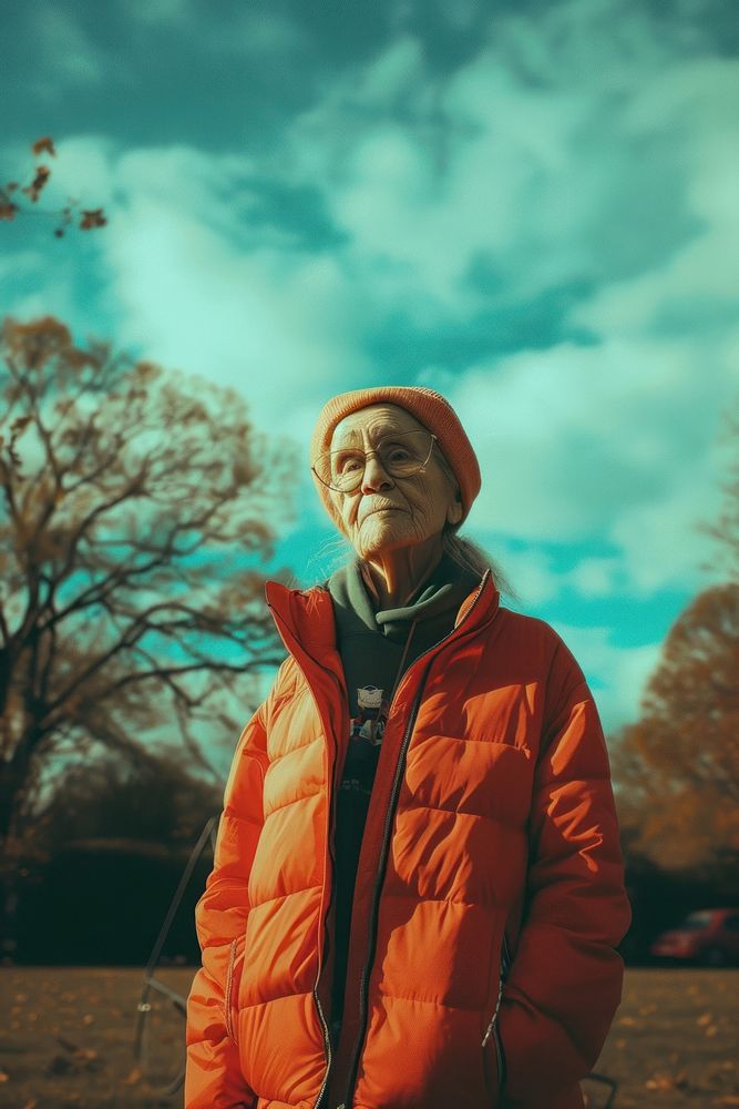 Old woman wearing red streetwear clothes portrait jacket adult.