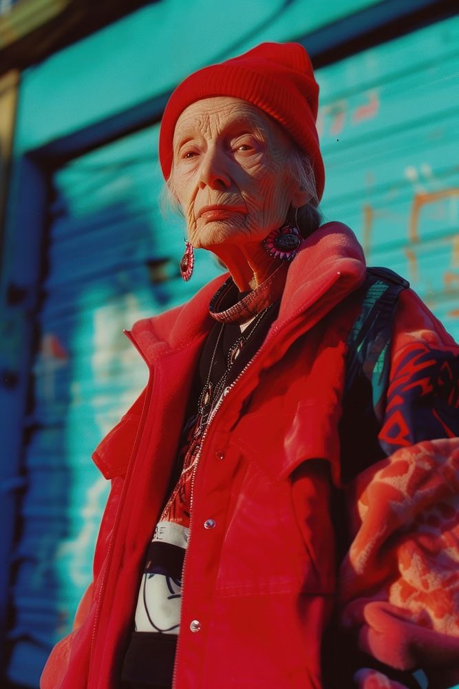 Old woman wearing red streetwear clothes adult architecture portrait.