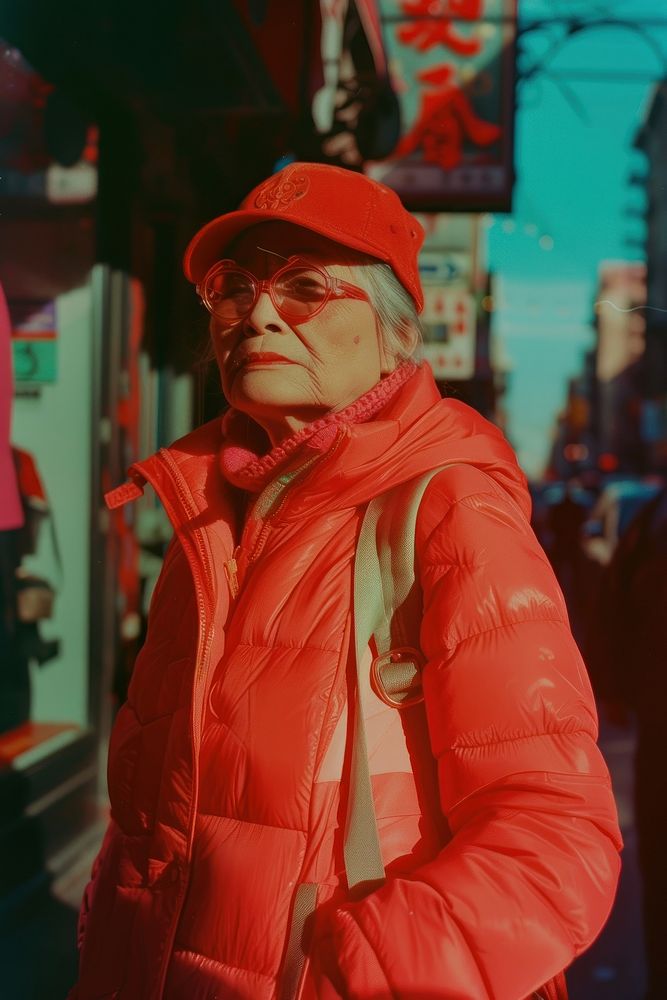Old woman wearing red streetwear clothes portrait glasses jacket.
