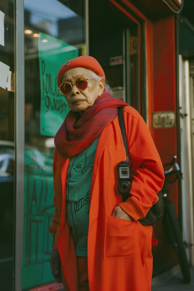Old woman wearing red streetwear clothes portrait glasses adult.