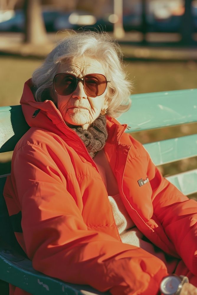 Old woman wearing red streetwear clothes glasses sitting architecture.
