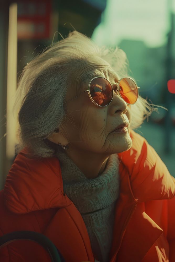 Old woman wearing red streetwear clothes sunglasses portrait adult.