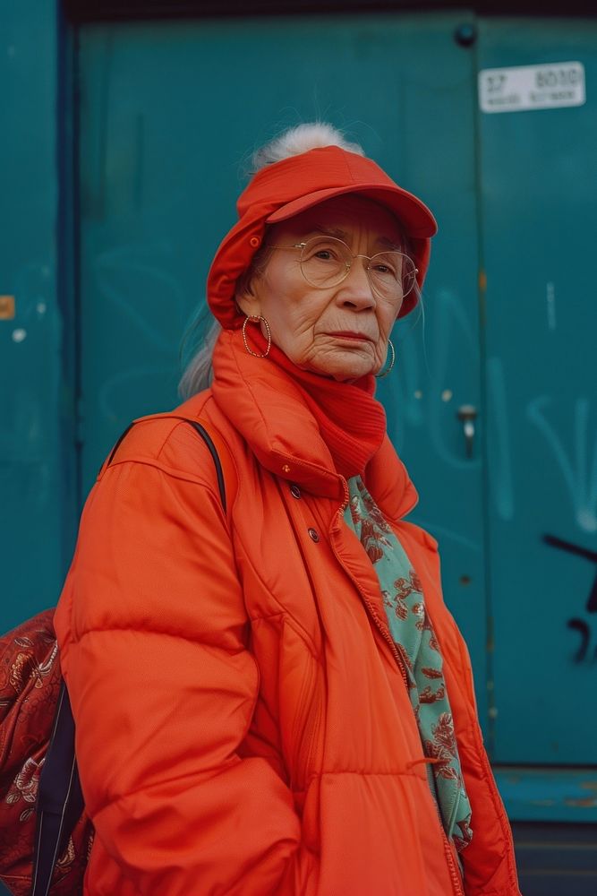 Old woman wearing red streetwear clothes jacket architecture portrait.