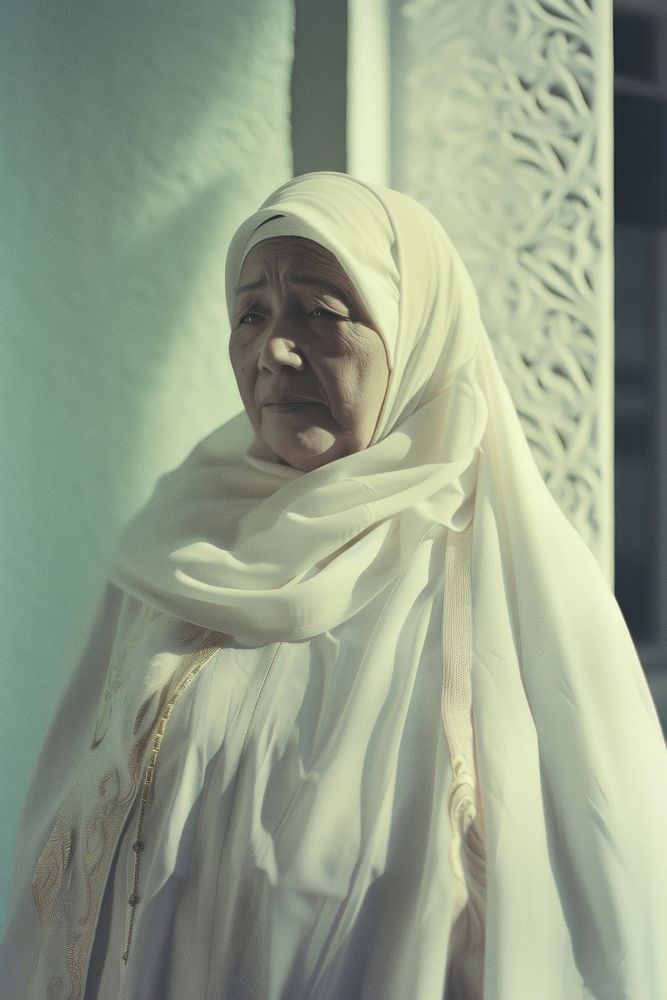 A old woman wearing white hijab and white streetwear clothes portrait adult photo.