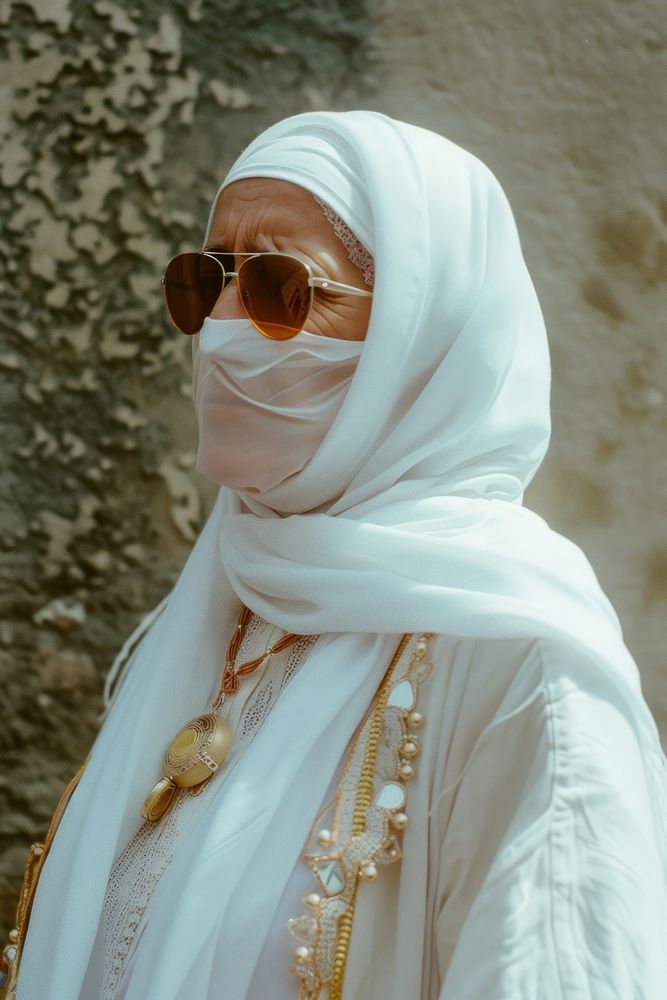 A old woman wearing white hijab and white streetwear clothes accessories sunglasses headscarf.